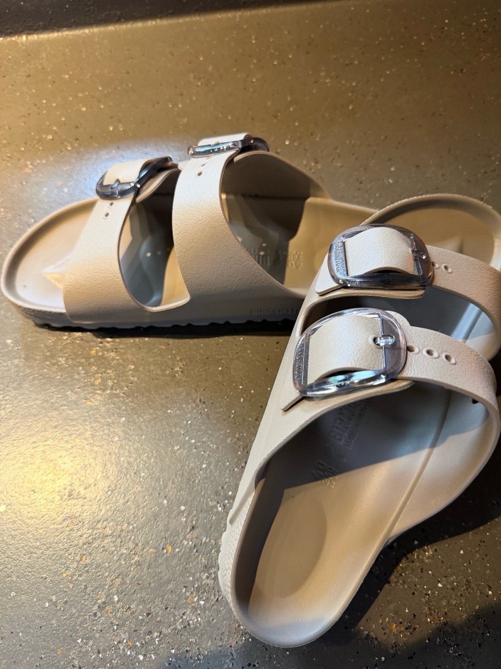 Birkenstock Women’s Double Strap Sandals in Light Taupe with Silver Buckles